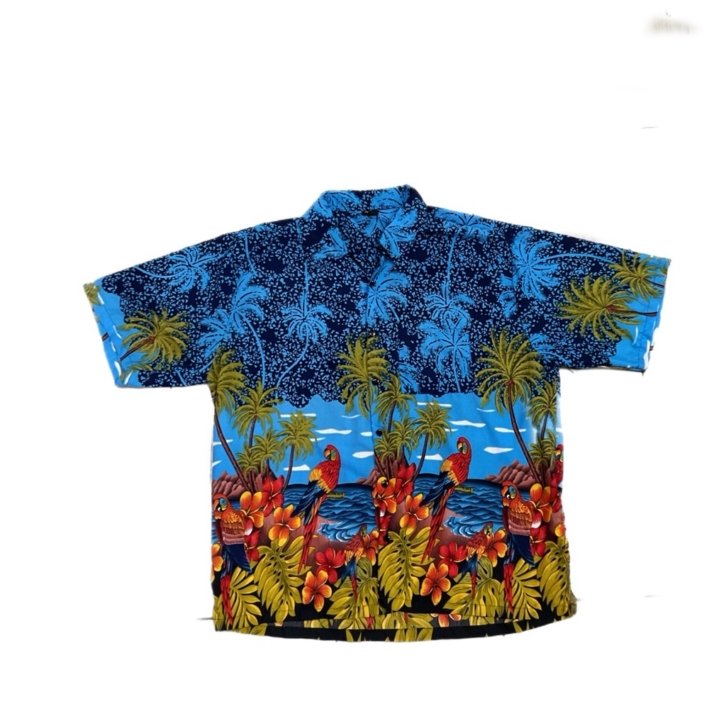 Tropical Hawaiian Parrot Palms Blue Button-Up